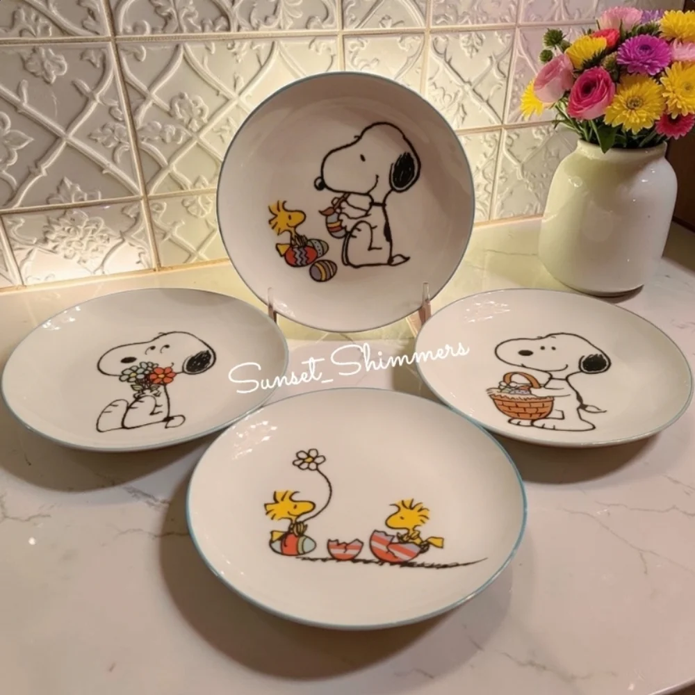 4pc Set Peanuts Snoopy Woodstock Easter Basket Eggs Porcelain Dinner Plates New